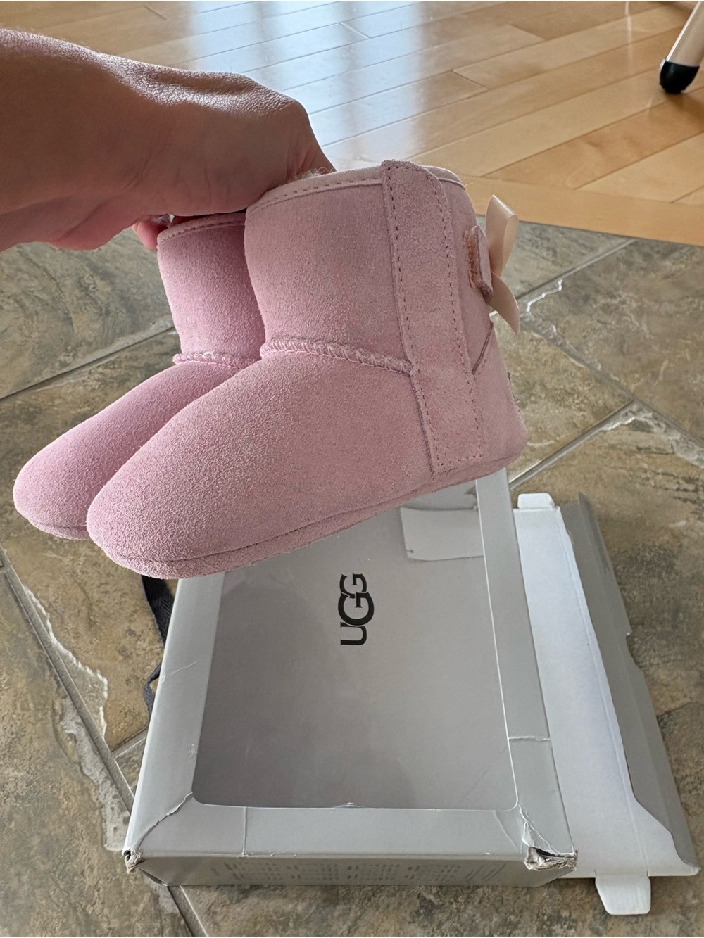 UGG Kids Pink Suede Bow Booties